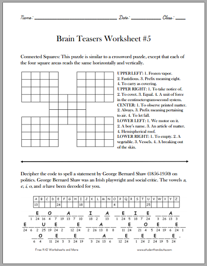 Brain Teasers Worksheet #5 | Student Handouts