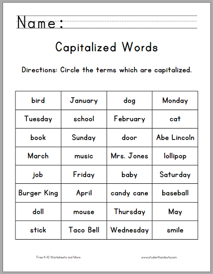 Circle the Capitalized Terms Worksheet - For first grade. Free to print (PDF file).