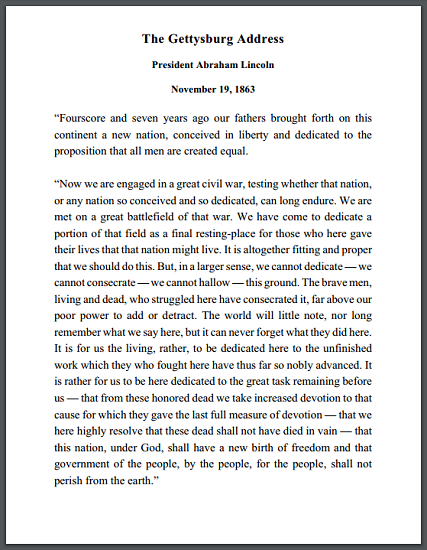 Gettysburg Address (1863) - Free to print (PDF file).