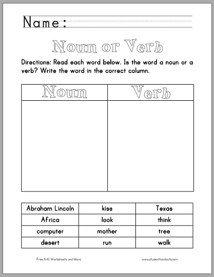 Verb Or Noun Chart Worksheet Student Handouts