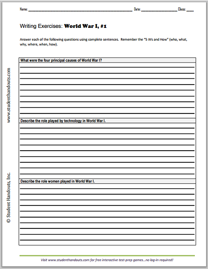 World War I Essay Questions - Three worksheets, all free to print (PDF files).