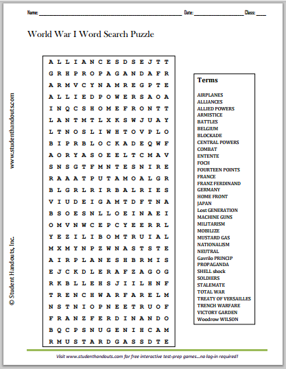 World War I Word Search Puzzle Student Handouts