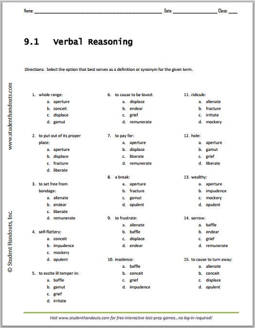 1 grade reasoning logical for free worksheets Vocabulary List Student Reasoning Worksheet   Verbal 9.1