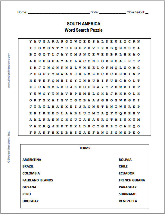 South America Word Search Puzzle - Worksheet is free to print (PDF file).