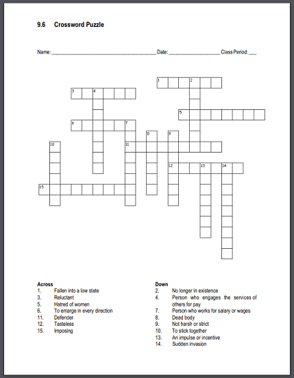 vocabulary list 9 6 crossword puzzle student handouts