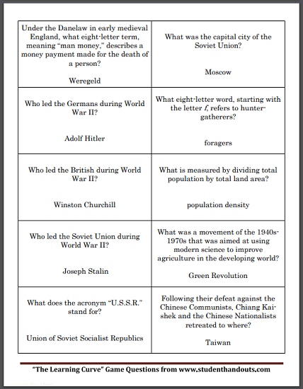 Social Studies Board Game Question Cards - Free to print (PDF files). Includes game boards and instructions.