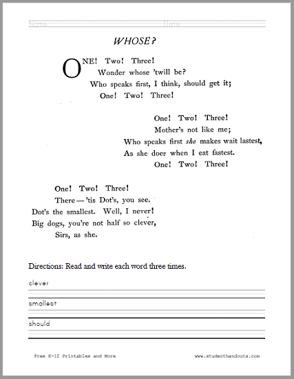 Whose Poem Worksheet for Kids - Free to print (PDF file).