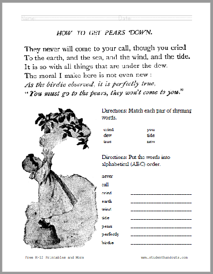 How to Get Pears Down Poem Worksheet - Free to print (PDF file).