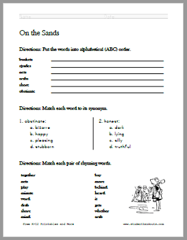 On the Sands Poetry Worksheets - Free to print (PDF files).