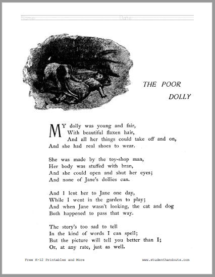 The Poor Dolly Poem Worksheets - Click here to print (PDF files).