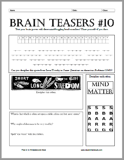 Brain Teasers Puzzle Worksheet 1 Student Handouts Gambaran