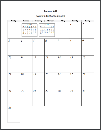 Free Printable Blank Monthly Calendar Sheets - Select and print (PDF files).