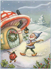 elf playing the lute in the yard of his wintry mushroom house
