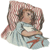 little girl in a blue dress, sleeping on a red and white striped pillow