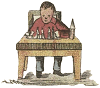 little boy seated at a table, playing with tin soldiers
