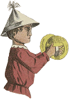 little boy in a newspaper hat, clanging brass cymbals together - vector