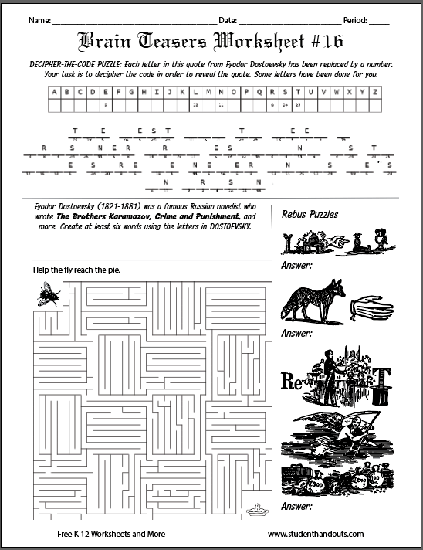 Brain Teasers Worksheet XVI - Free to print (PDF file). For grades 7-12. Includes a decipher-the-code puzzle, rebus puzzles, and a maze.