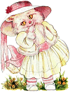 white cat in her white and rosy dress and hat