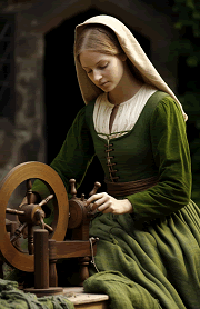 medieval spinster woman in green spinning wool on a spinning wheel