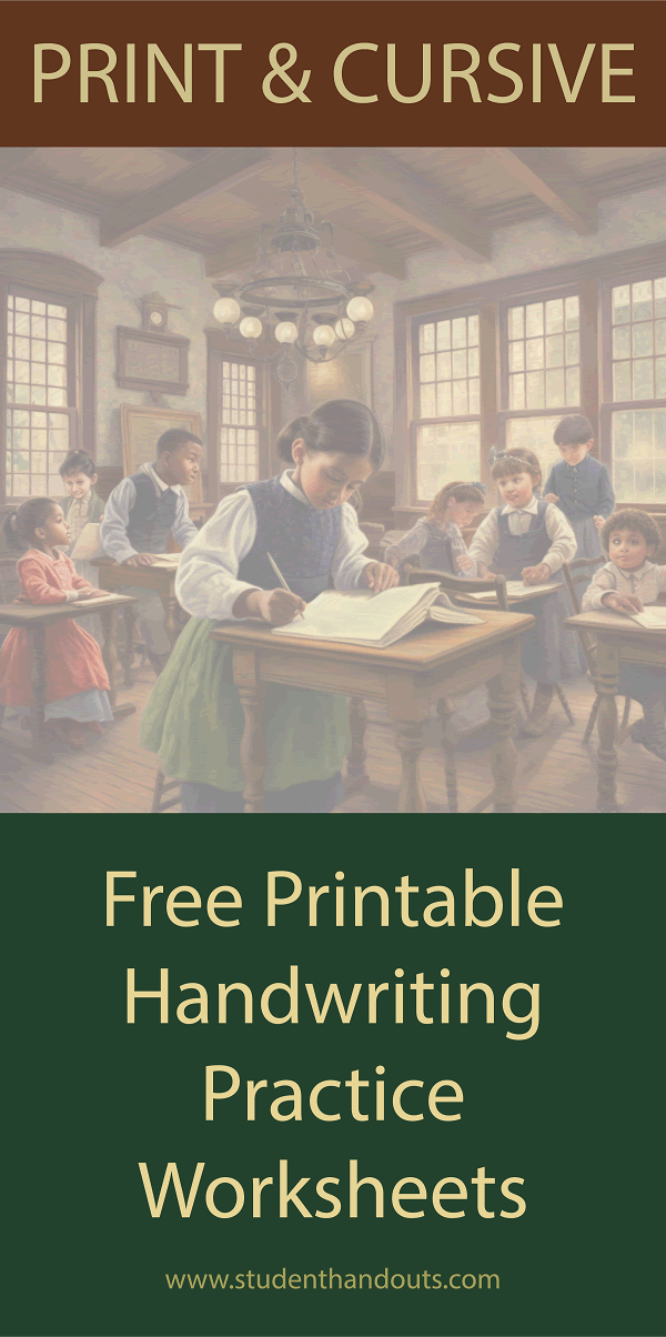 Free Handwriting Practice Worksheets - Hundreds of printables to choose from! Print manuscript or cursive script. PDF files.