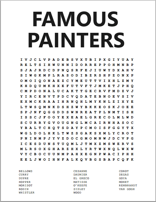 Famous Painters Word Search Puzzles Student Handouts