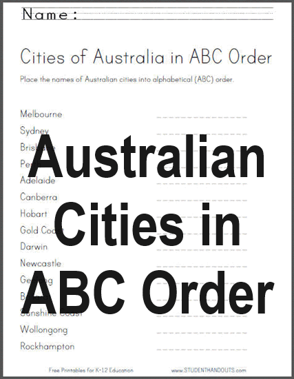 Put Australia's cities into ABC order - free printable worksheet for kids (PDF file).