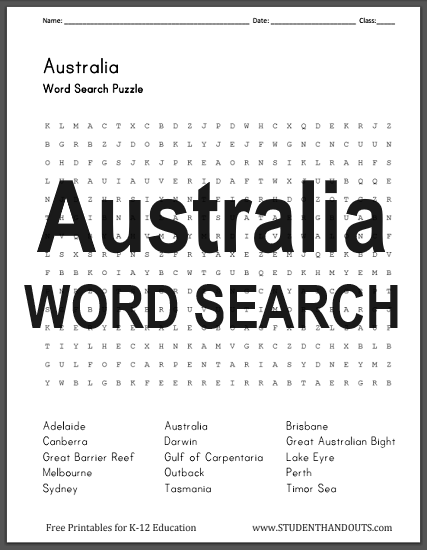 Australia Word Search Puzzle - Free to print (PDF file). For grades four and up.
