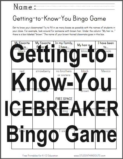 Getting-to-Know-You Bingo Game - Icebreaker is free to print (PDF file) for elementary school students.