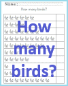 How many birds? Free printable 1-10 counting worksheet for kindergarten and first grade.