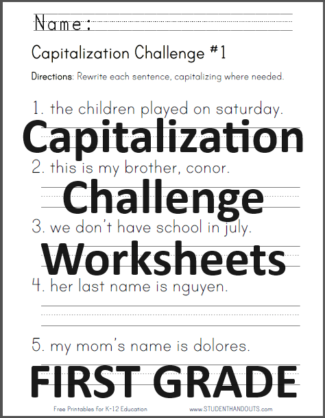 Capitalization Challenge Worksheets - Free to print (PDF files) for lower elementary ELA: English Language Arts students.