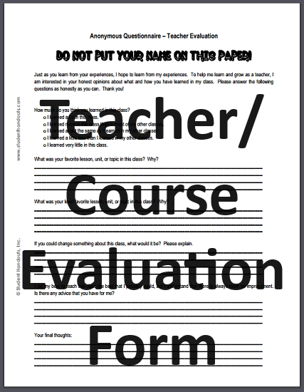 Teacher/Course Evaluation Form - Free to print (PDF files).