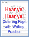 Hear ye, hear ye! Colonial Coloring Page for Kids with Handwriting Practice