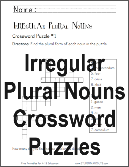 Irregular Plural Nouns Crossword Puzzles - Free to print (PDF files) for lower elementary students.