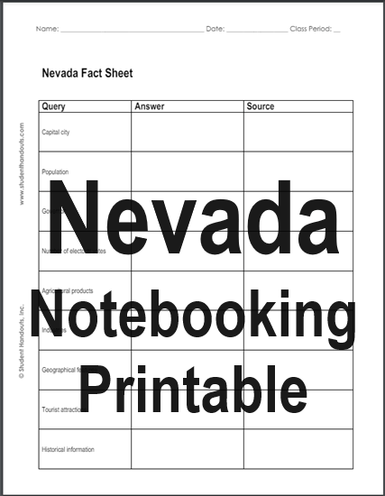 Nevada Notebooking Printable - Free to print (PDF file). Students are tasked with researching the state of Nevada.