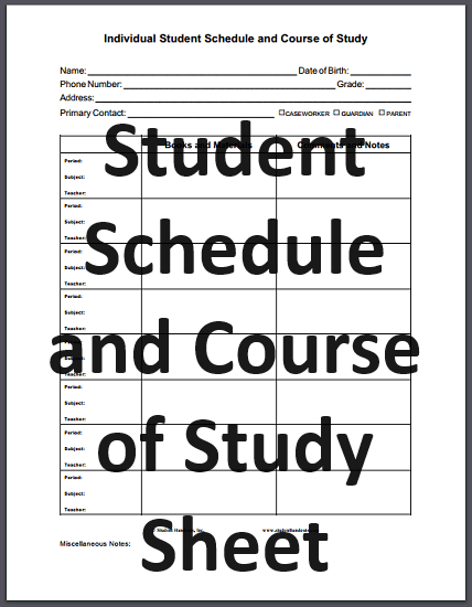 Student Schedule and Course of Study Sheet - Free to print (PDF file).