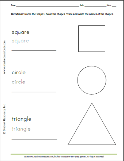 Printable Shapes Spelling and Handwriting Worksheet - Square, Circle, Triangle - Free to print (PDF file).