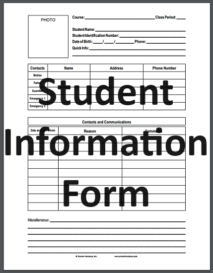 Student Information Form - Free to print (PDF file) for teacher records.