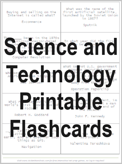 Science and Technology Printable Flashcards - Free to print (PDF files). For high school World History students.