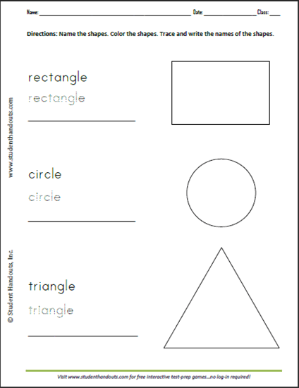 Printable Shapes Spelling and Handwriting Worksheet - Rectangle, Circle, Triangle - Free worksheet to print (PDF file).