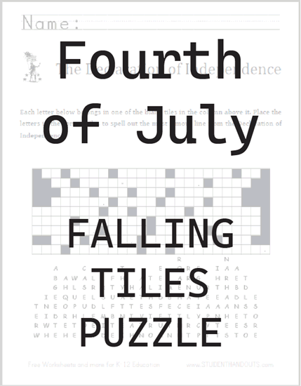 Independence Day Fallen Tiles - This fun puzzle worksheet for the Fourth of July (Independence Day) is free to print (PDF file).