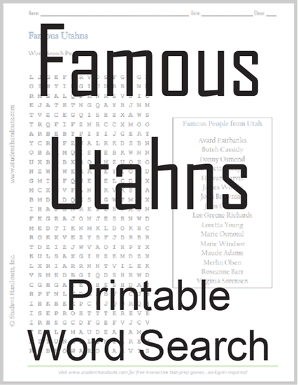 Famous Utahns Word Search Puzzle - Free to print (PDF file).