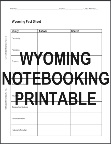 Wyoming Notebooking Printable - Free to print (PDF file). Students research and report on the state of Wyoming.