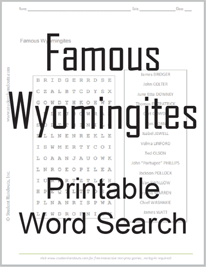 Famous Wyomingites Word Search Puzzle - Free to print (PDF file).