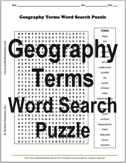 Geography Terms Word Search Puzzle - Free to print (PDF file).