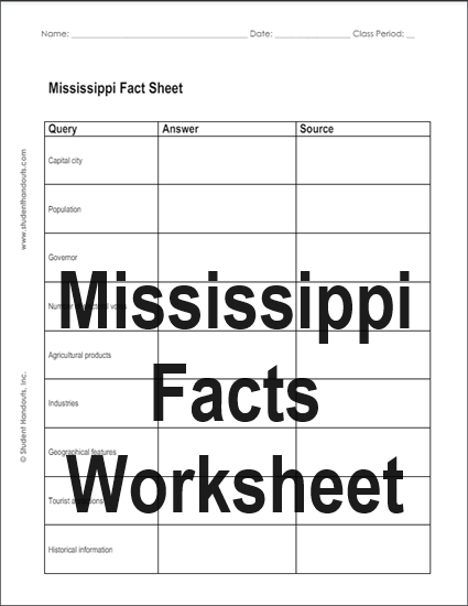 Mississippi Facts Worksheet - Free notebooking worksheet to print (PDF file).