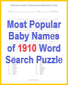 Most Popular Baby Names of 1910 Word Search Puzzle
