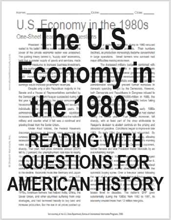 U.S. Economy in the 1980s - Free printable reading with questions for high school United States History students.