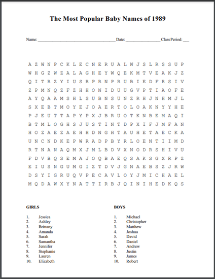 Most Popular Baby Names of 1989 - Free printable word search puzzle (PDF file).