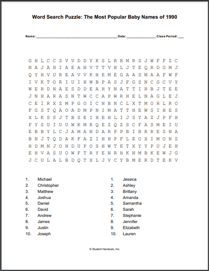 Most Popular Baby Names of 1990 Word Search Puzzle - Free to print (PDF file).