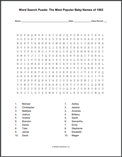 Most Popular Baby Names Word Search Puzzle 1992 - Free to print (PDF file).